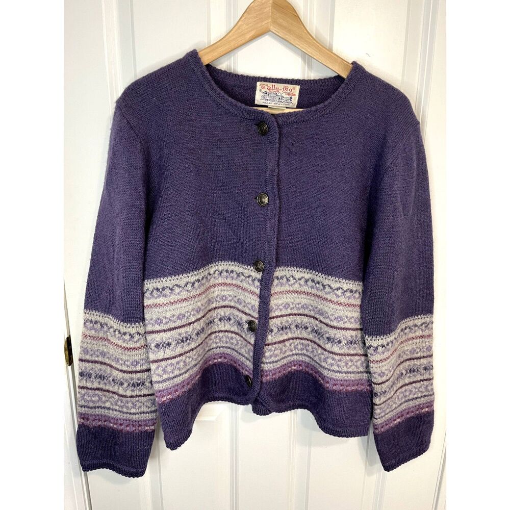 Vintage Tally-Ho Purple Fair Isle Wool Cardigan Sweater Size Petite Medium